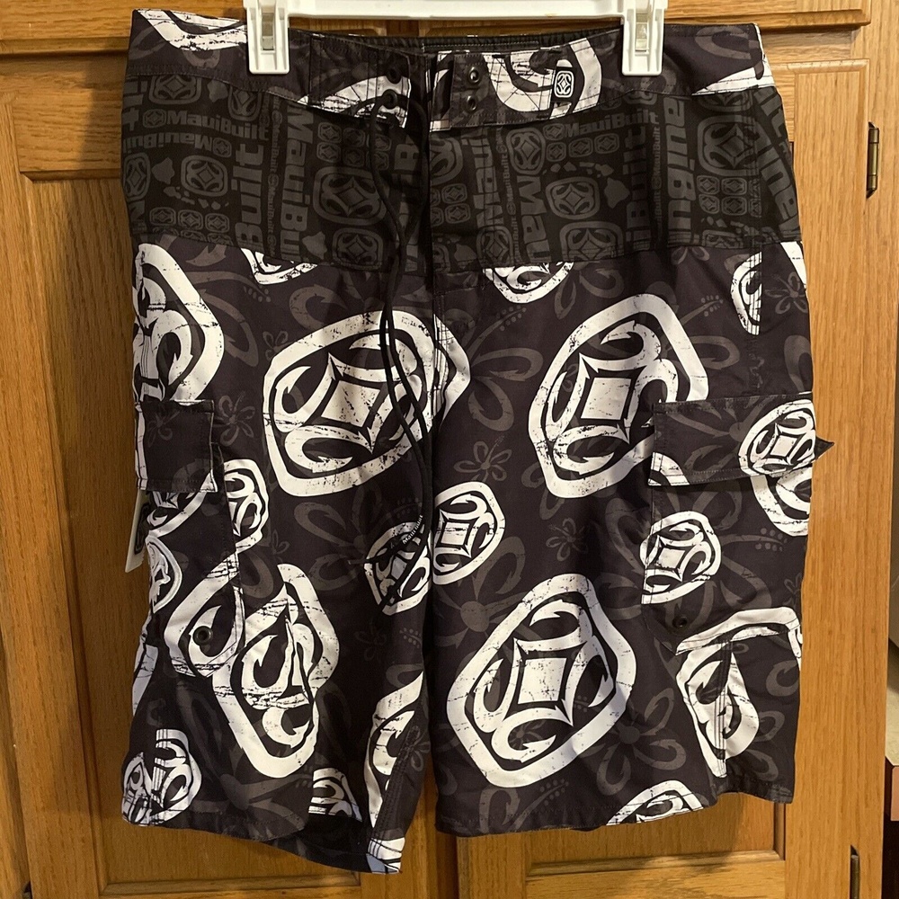 Maui Built Mens black & gray Graphic Surf Swim Trunk Board Shorts Sz 36